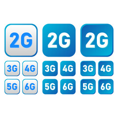 2g, 3g, 4g, 5g, 6g icon set for internet and phone. Vector illustration isolated on white background.