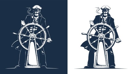 Captain in uniform at the helm of the ship. Helmsman at ship wheel. Vector illustration. - obrazy, fototapety, plakaty