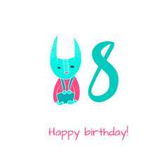 Happy birthday card with fox in hand drawn style