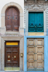 four wooden doors with a beautiful paneled finish in the historical part of different cities of the world