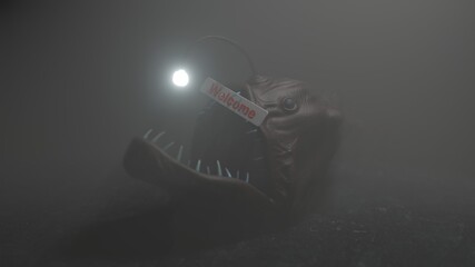 Angler fish on dark blue ocean water welcome trap 3d illustration.