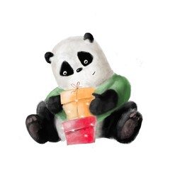 cartoon panda with birthday gift, watercolor illustration, holiday clipart © MiriShagal