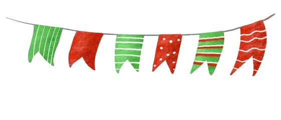 Fototapeta premium colorful green and red holiday flags, watercolor illustration, birthday decoration element