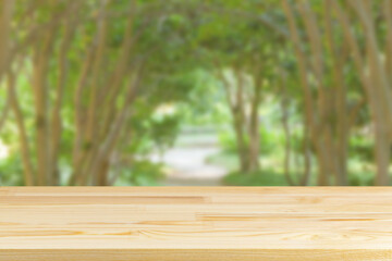 wood table top on blur green alley of trees background
