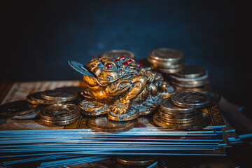 Feng Shui money toad. Chinese frog for money with a coin.