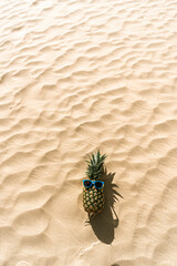 Piña con gafas de sol graciosa en la arena de la playa junto a palmeras y el mar de fondo