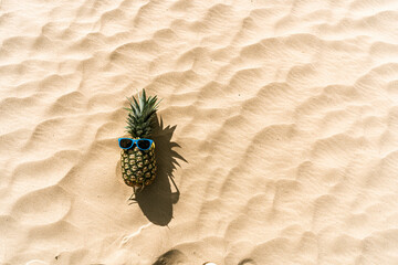Piña con gafas de sol graciosa en la arena de la playa junto a palmeras y el mar de fondo
