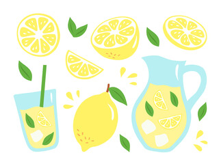 Set of lemons, leaves and lemonade in a hand-drawn style. Vector illustration with different parts of a lemon, a glass and a jug of lemonade. Perfect for a poster in a cafe or in the kitchen