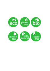 oznaczenia eco, fluten free, bio, lactose free, natural, sugar free