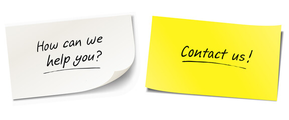 Handwritten messages on sticky notes. How can we help you? Contact us! - 438250427