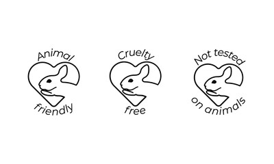 Set of 3 black and white icons with rabbit in heart. Cruelty free, Animal friendly and not tested on animals labels for cosmetic products. The rabbit's stroke is editable. Vector illustration, eps10.