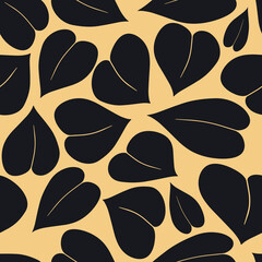 Seamless elegant pattern with black entire cordate hand drawn leaves on a gold background. The pattern can be used for wrapping papers, cards, wallpapers, covers, textile prints. Vector, eps 10.