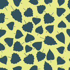 Seamless pattern with mix of dark green blue leaves on a yellow background. Vector, eps 10.