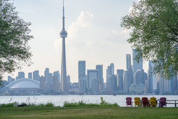 Toronto City Skyline on a sunny day from Toronto Island in Ontario Canada