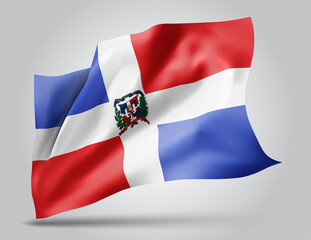 Dominican Republic, vector flag with waves and bends waving in the wind on a white background.