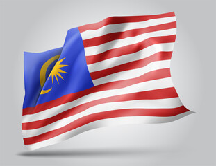 Malaysia, vector flag with waves and bends waving in the wind on a white background.