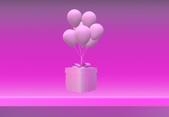 Flying helium gift box with pastel balloons. Levitating pink present with balloon on gradient studio. Creative minimal concept for holiday, birthday card, banner, sales, Ad, presents. 3d rendering.