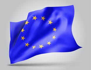 European Union, vector flag with waves and bends waving in the wind on a white background.
