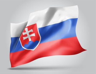 Slovakia, vector flag with waves and bends waving in the wind on a white background.