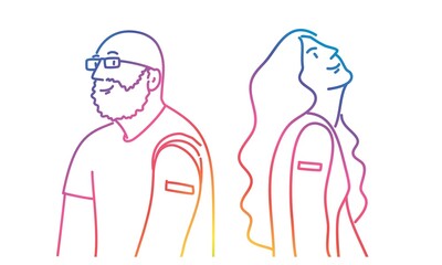 Man and woman after getting a vaccine. Rainbow.