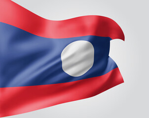 Laos, vector flag with waves and bends waving in the wind on a white background.
