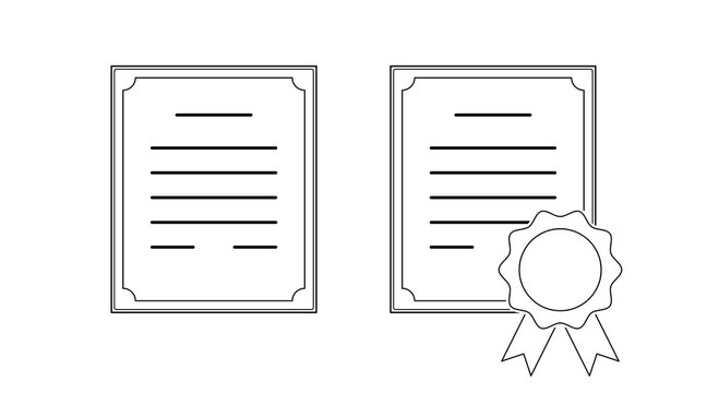 Thin stroke outline professional cerificate icon with medal. Vector eps 10 illustration sign. Flat paper school diploma, warranty and grant qualification award symbol.
