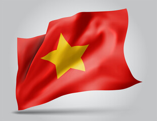 Vietnam, vector flag with waves and bends waving in the wind on a white background.
