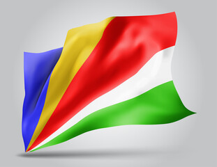 Seychelles, vector flag with waves and bends waving in the wind on a white background.