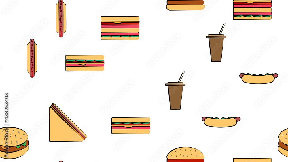 Poster endless white seamless pattern from a set of icons of delicious food and snacks items for a restaura