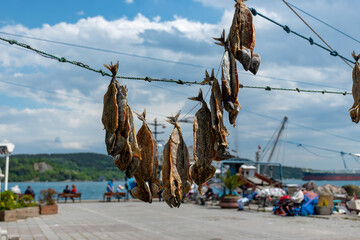 dried salted fish hanging on string in summer day