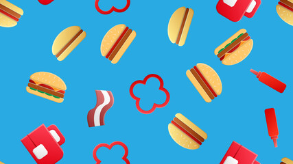 Endless blue seamless pattern of a set of icons of delicious food and snacks items for a cafe bar restaurant: tea, burger, ketchup, bacon, jalapeno peppers. The background