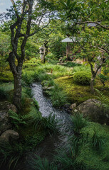 Fototapeta na wymiar Japanese zen garden Sogenchi with river running in lush forest landscape at temple Tenryu-ji in Kyoto, Japan