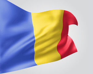 Romania, vector flag with waves and bends waving in the wind on a white background.
