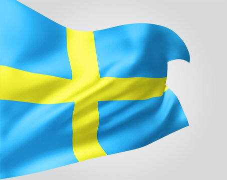 Sweden, vector flag with waves and bends waving in the wind on a white background.