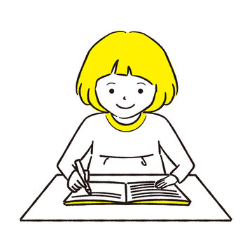 recommend clip art: 手描き1color 一人で勉強する女の子　おかっぱ