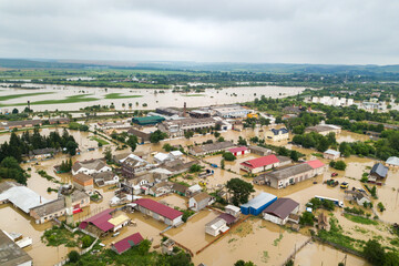 Aerial view of flooded houses with dirty water of Dnister river in Halych town, western Ukraine.