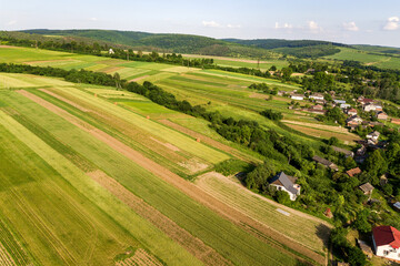 Fototapeta na wymiar Aerial view of green agricultural fields in spring with fresh vegetation after seeding season on a warm sunny day.