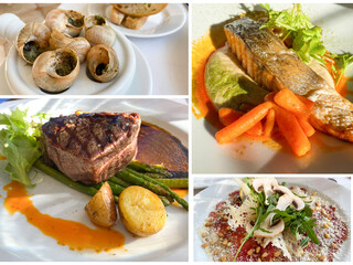 Collage of beef steak, salmon steak, baked snails and beef carpaccio