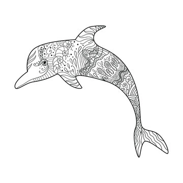 Zentangle dolphin decorative design for coloring book monochrome isolated icon. Vector illustration.