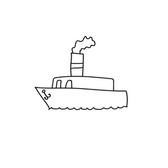 Hand drawn sailing ship on the waves. Doodle boat. Children drawing. Isolated vector illustration in doodle style on white background.