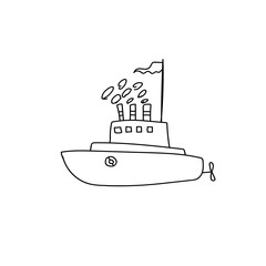 Fototapeta premium Hand drawn sailing ship on the waves. Doodle boat. Children drawing. Isolated vector illustration in doodle style on white background.