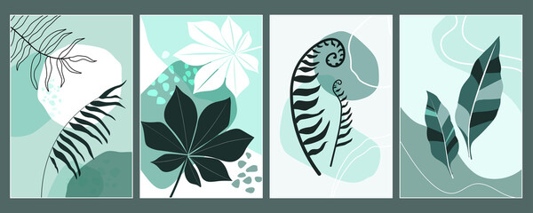 Fototapeta na wymiar Set of exotic tropical leaves, plants against a background of simple shapes and lines. Modern minimalistic abstract art poster, postcard, print. Vector graphics. Herbal natural ornament.