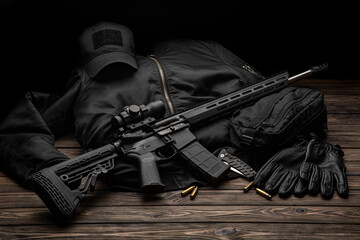Modern automatic rifle with a telescopic sight on a dark background. Jacket, cap, gloves on a wooden table. The uniform of a guard or a mercenary - obrazy, fototapety, plakaty