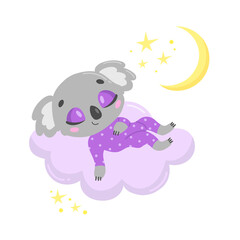 Vector illustration of a cute cartoon koala sleeping on a cloud. Baby animals are sleeping.