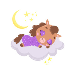 Illustration of a cute cartoon horse sleeping on a cloud. Baby animals are sleeping. © Bonbonny