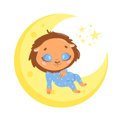 illustration of a cute cartoon lion sleeping on the moon. Baby animals are sleeping.