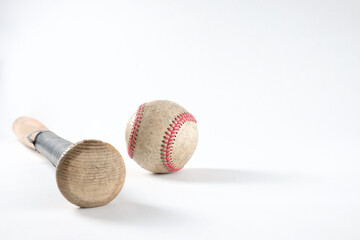 Baseball bat with ball isolated on white background for sport copy space.