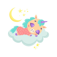 Illustration of a cute cartoon unicorn sleeping on a cloud. Baby animals are sleeping.