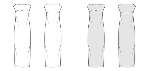 Dress column technical fashion illustration with long sleeves, fitted body, floor maxi length pencil skirt. Flat evening apparel front, back, white, grey color style. Women, men unisex CAD mockup