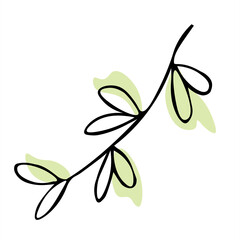 Trendy abstract organic and graphic element. Hand drawn twigs icon, doodle for social media story. A cute herbal element for decoration. Vector isolated on white background with light green paint.